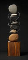An aesthetically pleasing sculpture featuring stones stacked on a wooden base against a black backdrop, displayed vertically. The artwork in a minimalist style. Phone wallpaper photo