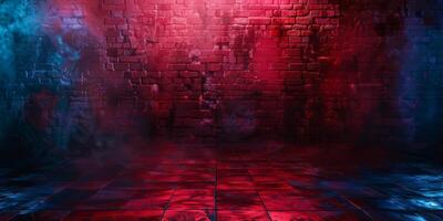 Smoke, Fog, Steam, Red Dark Podium, Night Retro Brick Stage, Garage Room, Corridor, bar, Empty Space with Spot Lights Realistic Background. 3D Rendering Illustration. High quality photo