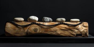 A serene sculpture with a wooden base, iron twists, and balanced stones creates tranquility by blending natural elements in a modern, minimalist design for an elegant and peaceful atmosphere photo
