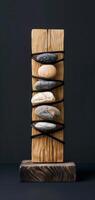 An artistic sculpture is created by combining stones and wooden blocks to display a mix of natural elements and craftsmanship, reflecting a modern art style with a variety of textures. Phone wallpaper photo