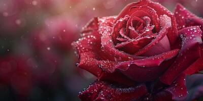 A beautiful closeup shot captures the details of a vibrant red rose covered in dew drops, highlighting its texture and color. Perfect for projects related to romance, nature, and flowers photo