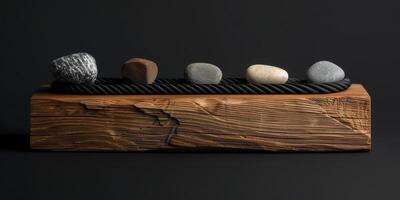 A serene sculpture with a wooden base, iron twists, and balanced stones creates tranquility by blending natural elements in a modern, minimalist design for an elegant and peaceful atmosphere photo