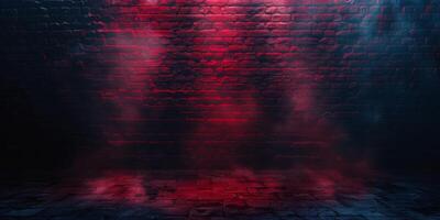 Smoke, Fog, Steam, Red Dark Podium, Night Retro Brick Stage, Garage Room, Corridor, bar, Empty Space with Spot Lights Realistic Background. 3D Rendering Illustration. High quality photo