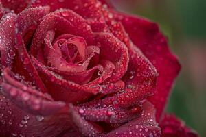 A beautiful closeup shot captures the details of a vibrant red rose covered in dew drops, highlighting its texture and color. Perfect for projects related to romance, nature, and flowers photo