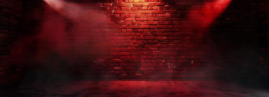 Smoke, Fog, Steam, Red Dark Podium, Night Retro Brick Stage, Garage Room, Corridor, bar, Empty Space with Spot Lights Realistic Background. 3D Rendering Illustration. High quality photo