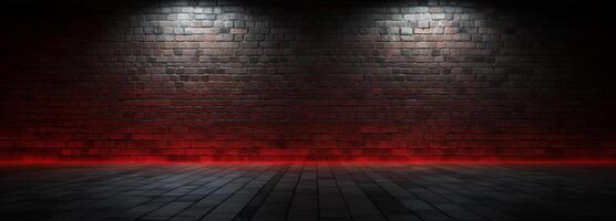 Smoke, Fog, Steam, Red Dark Podium, Night Retro Brick Stage, Garage Room, Corridor, bar, Empty Space with Spot Lights Realistic Background. 3D Rendering Illustration. High quality photo