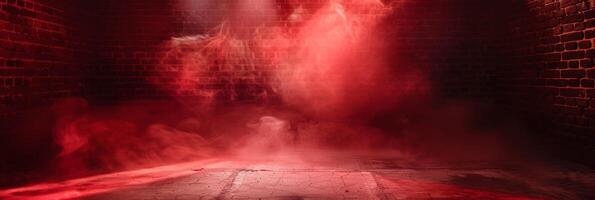 Smoke, Fog, Steam, Red Dark Podium, Night Retro Brick Stage, Garage Room, Corridor, bar, Empty Space with Spot Lights Realistic Background. 3D Rendering Illustration. High quality photo