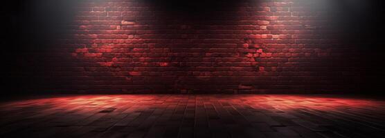 Smoke, Fog, Steam, Red Dark Podium, Night Retro Brick Stage, Garage Room, Corridor, bar, Empty Space with Spot Lights Realistic Background. 3D Rendering Illustration. High quality photo