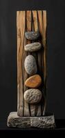 An artistic sculpture is created by combining stones and wooden blocks to display a mix of natural elements and craftsmanship, reflecting a modern art style with a variety of textures. Phone wallpaper photo