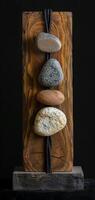 An artistic sculpture is created by combining stones and wooden blocks to display a mix of natural elements and craftsmanship, reflecting a modern art style with a variety of textures. Phone wallpaper photo