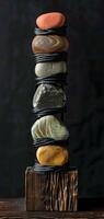 An aesthetically pleasing sculpture featuring stones stacked on a wooden base against a black backdrop, displayed vertically. The artwork in a minimalist style. Phone wallpaper photo