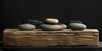 A serene sculpture with a wooden base, iron twists, and balanced stones creates tranquility by blending natural elements in a modern, minimalist design for an elegant and peaceful atmosphere photo