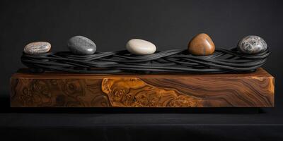 A serene sculpture with a wooden base, iron twists, and balanced stones creates tranquility by blending natural elements in a modern, minimalist design for an elegant and peaceful atmosphere photo