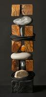 An artistic sculpture is created by combining stones and wooden blocks to display a mix of natural elements and craftsmanship, reflecting a modern art style with a variety of textures. Phone wallpaper photo