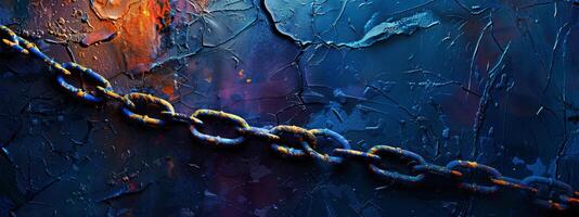 3D Rendering of metal chains in glowing blue and orange color on dark background. Grunge old broken chains, splats and stains. Concept for block chain technology, node connections. High quality photo