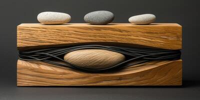 A serene sculpture with a wooden base, iron twists, and balanced stones creates tranquility by blending natural elements in a modern, minimalist design for an elegant and peaceful atmosphere photo