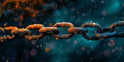 3D Rendering of metal chains in glowing blue and orange color on dark background. Grunge old broken chains, splats and stains. Concept for block chain technology, node connections. High quality photo