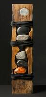 An artistic sculpture is created by combining stones and wooden blocks to display a mix of natural elements and craftsmanship, reflecting a modern art style with a variety of textures. Phone wallpaper photo