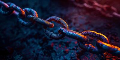 3D Rendering of metal chains in glowing blue and orange color on dark background. Grunge old broken chains, splats and stains. Concept for block chain technology, node connections. High quality photo
