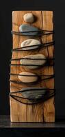An artistic sculpture is created by combining stones and wooden blocks to display a mix of natural elements and craftsmanship, reflecting a modern art style with a variety of textures. Phone wallpaper photo