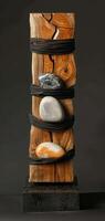 An artistic sculpture is created by combining stones and wooden blocks to display a mix of natural elements and craftsmanship, reflecting a modern art style with a variety of textures. Phone wallpaper photo