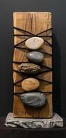 An artistic sculpture is created by combining stones and wooden blocks to display a mix of natural elements and craftsmanship, reflecting a modern art style with a variety of textures. Phone wallpaper photo