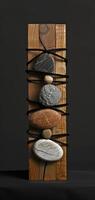 An artistic sculpture is created by combining stones and wooden blocks to display a mix of natural elements and craftsmanship, reflecting a modern art style with a variety of textures. Phone wallpaper photo