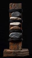 An artistic sculpture is created by combining stones and wooden blocks to display a mix of natural elements and craftsmanship, reflecting a modern art style with a variety of textures. Phone wallpaper photo