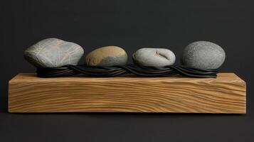 A serene sculpture with a wooden base, iron twists, and balanced stones creates tranquility by blending natural elements in a modern, minimalist design for an elegant and peaceful atmosphere photo