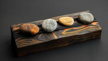 A serene sculpture with a wooden base, iron twists, and balanced stones creates tranquility by blending natural elements in a modern, minimalist design for an elegant and peaceful atmosphere photo