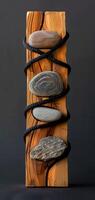 An artistic sculpture is created by combining stones and wooden blocks to display a mix of natural elements and craftsmanship, reflecting a modern art style with a variety of textures. Phone wallpaper photo