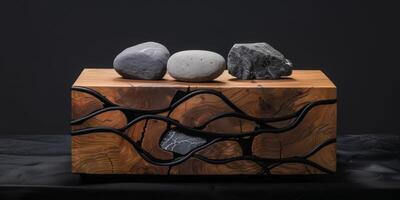 A serene sculpture with a wooden base, iron twists, and balanced stones creates tranquility by blending natural elements in a modern, minimalist design for an elegant and peaceful atmosphere photo