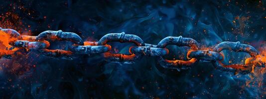 3D Rendering of metal chains in glowing blue and orange color on dark background. Grunge old broken chains, splats and stains. Concept for block chain technology, node connections. High quality photo