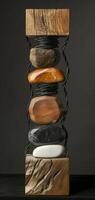 An aesthetically pleasing sculpture featuring stones stacked on a wooden base against a black backdrop, displayed vertically. The artwork in a minimalist style. Phone wallpaper photo