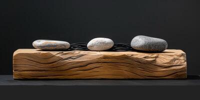 A serene sculpture with a wooden base, iron twists, and balanced stones creates tranquility by blending natural elements in a modern, minimalist design for an elegant and peaceful atmosphere photo