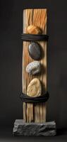 An artistic sculpture is created by combining stones and wooden blocks to display a mix of natural elements and craftsmanship, reflecting a modern art style with a variety of textures. Phone wallpaper photo