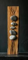 An artistic sculpture is created by combining stones and wooden blocks to display a mix of natural elements and craftsmanship, reflecting a modern art style with a variety of textures. Phone wallpaper photo