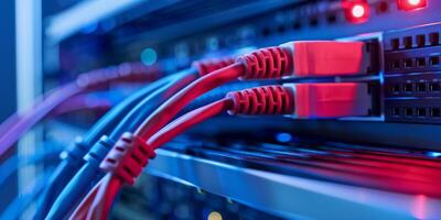 Network cables in a data center connect servers with LED lights for fast and efficient data communication photo