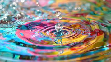 Vibrant droplets are creating ripples in colorful water, showing a dynamic and captivating movement photo