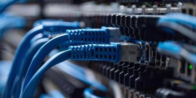 Closeup of Ethernet cables connected to a server with glowing LED lights, representing data connectivity. photo
