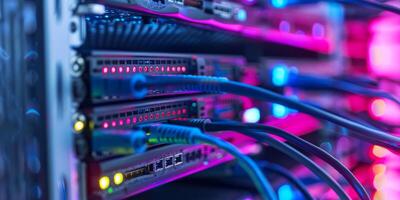 Data center cables connect to switches with bright LEDs, showing hightech connectivity and infrastructure photo