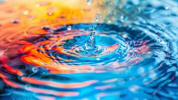 Vibrant droplets are creating ripples in colorful water, showing a dynamic and captivating movement photo