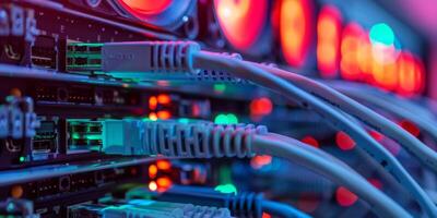 Network cables in a data center connect servers with LED lights for fast and efficient data communication photo