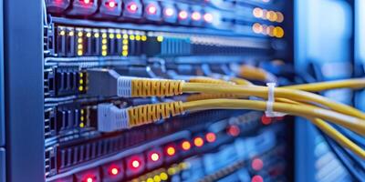 Data center with network servers, yellow cables, blinking lights, high connectivity showing modern IT infrastructure photo