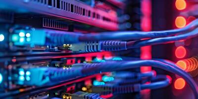 Network cables in a data center connect servers with LED lights for fast and efficient data communication photo