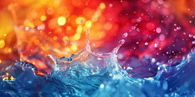 Vibrant water splash against a colorful and abstract bokeh background, perfect for dynamic projects. photo