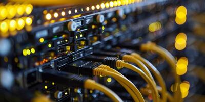 Data center with network servers, yellow cables, blinking lights, high connectivity showing modern IT infrastructure photo