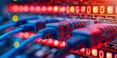 Network cables in a data center connect servers with LED lights for fast and efficient data communication photo