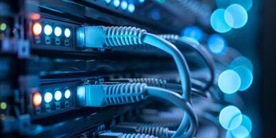 Closeup of Ethernet cables connected to a server with glowing LED lights, representing data connectivity. photo
