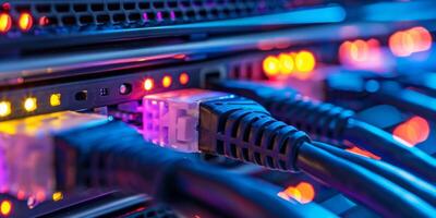 Network cables in a data center connect servers with LED lights for fast and efficient data communication photo